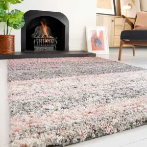 Super Soft Blush Pink Grey Mottled Striped Shaggy Area Rug 120x170cm