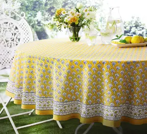 Grey Round Cotton Tablecloth - Machine Washable Indian Hand Printed Floral Design Table Cover - Measures 178cm Diameter