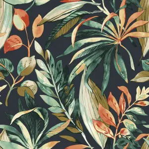 Grandeco Inky Palm Botanical Jungle Textured Wallpaper, Black Green Orange