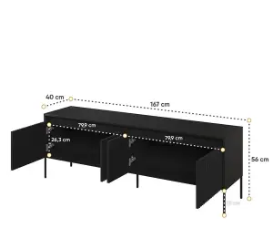 Trend 05 TV Cabinet in Black Matt - Ripple Front Design with Push-to-Open Doors & Cable Management - W1670mm x H560mm x D400mm