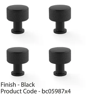 4 PACK - Round Knurled Door Knob - 29mm Diameter Matt Black Radio Cupboard Pull Handle