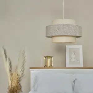 ValueLights Weaver Pair of Modern Ceiling Pendant Light Shades In Cream and Grey Herringbone Finish