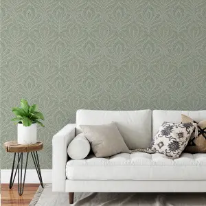 Grandeco Margot Filigree Metallic Damask Textured Wallpaper, Sage Green