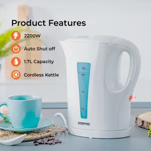 Geepas 1.7L Electric Kettle & 2 Slice Bread Toaster Kitchen Combo Set, White