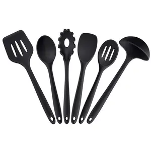 6PCS Kitchen Utensils Set, Non-Stick Silicone Cooking Tools With Soup Ladle, Slotted Spoon, Pasta Fork, For Frying, Serving, Baking(Black)