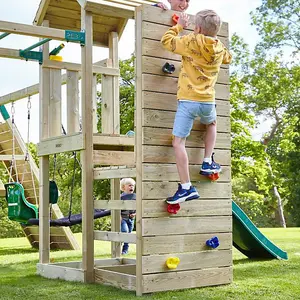 Rebo Wooden Climbing Frame with Vertical Rock Wall, Swing Set and Slide - Rainier+ Pink