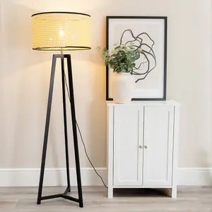 ValueLights Lottie Black Wood Tripod Floor Lamp with Natural Cane Rattan Drum Shade - LED Bulb Included