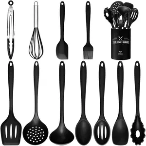 Silicone Kitchen Utensil Set - 12 Piece With Holder, BPA Free, Heat Resistant And Easy Clean, Black