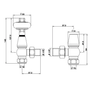 Pair of Angled Copper Wooden Head Radiator Valves