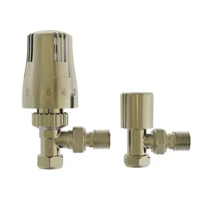 Rinse Bathrooms Thermostatic Radiator Valve 15mm x 1/2" Angled Brushed Brass Rad TRV + Lockshield