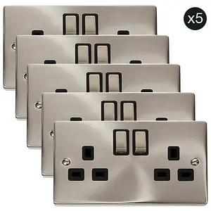 5 PACK - Satin / Brushed Chrome 2 Gang 13A DP Ingot Twin Double Switched Plug Socket - Black Trim - SE Home