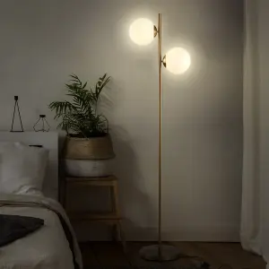 HOMCOM 2 Glass Shade Floor Lamp Metal Pole Modern Decorative Floor Switch Gold