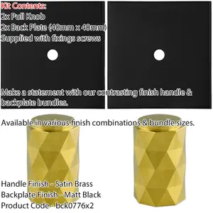 2 PACK - Cabinet Door Knob & Contrasting Backplate Set - Diamond Kitchen Pull - Satin Brass & Matt Black