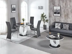 Modernique Giulia Round Black 100 cm Tempered Glass Top White Dining Table with 4 Grey Faux Leather Dining Chairs