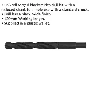 Premium 16 x 180mm HSS Blacksmith Drill Bit with Reduced Shank and 120mm Flute Length