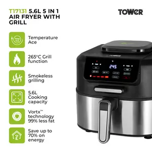 Tower T17131 Vortx 5 in 1 Air Fryer and Grill with Crisper, 5.6L, Black