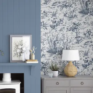 Laura Ashley Toile de Jouy Blue Classical Smooth Wallpaper