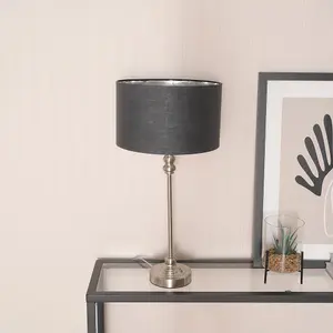 ValueLights Maggie Chrome Candlestick Table Lamp with Charcoal and Chrome Inner Lamp Shade