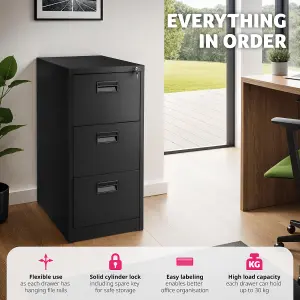 Filing Cabinet - 3 drawers with hanging files, lockable, 62.4 x 46 x 102.8 cm - black