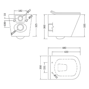 Bubly Bathrooms™ White Rimless Square Wall Hung Toilet Pan, Seat & 1.13m Concealed Cistern Frame - Black