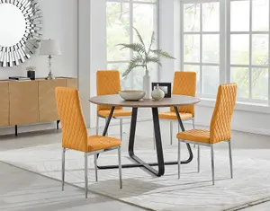 Furniturebox UK Santorini Brown Wood Contemporary Round Round Dining Table And 4 Mustard Milan Chairs Set