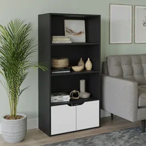 URBNLIVING Height 118Cm 4 Tier Wooden Bookcase Cupboard with Doors Storage Shelving Display Colour Black Door White Cabinet Unit