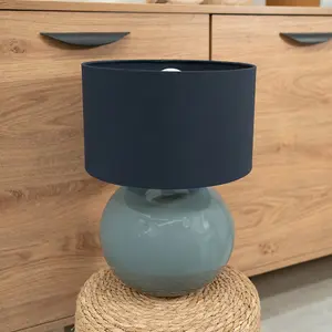 ValueLights Bosco Eucalyptus Ceramic Table Lamp with Navy Blue Drum Shade