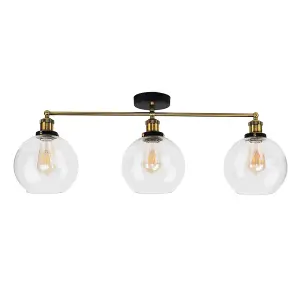 ValueLights Sheridan 3 Way Black & Gold Ceiling Light Fitting with Clear Glass Globe Shades - LED Filament Bulbs In Warm White