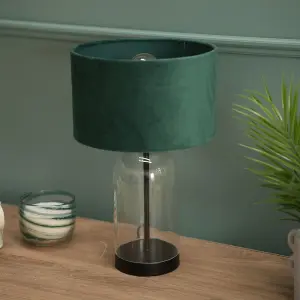 ValueLights Jessy Glass and Black Metal Bedside Table Lamp with a Forest Green Velvet Lampshade - Bulb Included