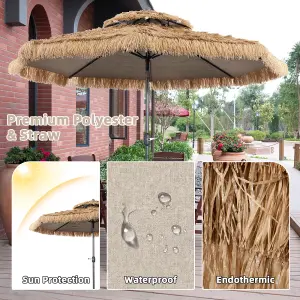 Costway 3M Hula Thatched Patio Tiki Umbrella Hawaiian Umbrella w/ Manual Crank