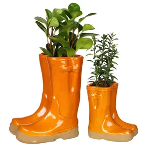 Set of 2 Small and Large Orange  Wellington Boots Indoor Outdoor Flower Pot Garden Planters