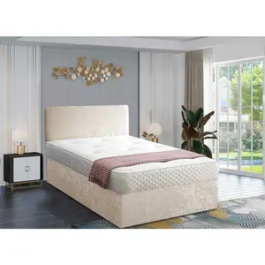 Loria Divan Bed Set with Headboard and Mattress - Crushed Fabric, Cream Color, 2 Drawers Left Side