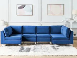 6 Seater U-Shaped Modular Velvet Sofa Blue EVJA