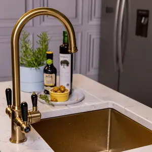 flode korsa Traditional Cruciform Style 3 in 1 Instant Boiling Tap Black Ceramic Levers Brushed Brass Finish