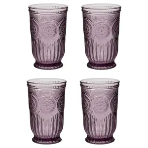 Set of 4 Luxury Embossed Purple Tall Drinking Glass Tumblers 330ml