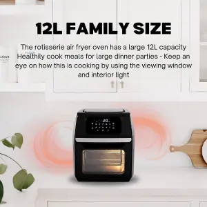 Daewoo 12L Rotisserie Air Fryer Oven with Rapid Air Circulation and Large Window with Interior Light,Thermostat Control,9 Pre Set