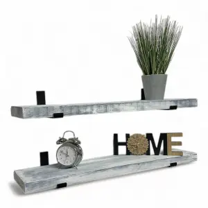 White Washed Handcrafted Rustic Wall-Mounted Floating Shelves with Black L Brackets, Kitchen Living Room (Set of 2, 40 cm Long)