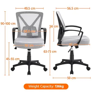 Yaheetech Ergonomic Mid-back Swivel Mesh Office Chair - Light Grey