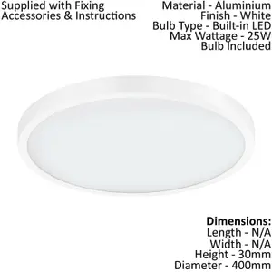 Wall / Ceiling Light White 400mm Round Surface Mounted 25W LED 4000K