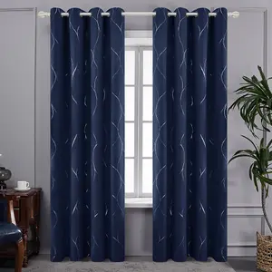 Deconovo Eyelet Blackout Thermal Curtains, Silver Wave Line Foil Printed Curtains for Living Room, 52 x 72 Inch, Navy Blue, 1 Pair