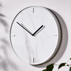 Contemporary Wall Clock Marble Effect Modern Minimalist White Analog Clock Bedroom Living Room Décor