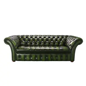 Chesterfield 3 Seater Sofa Buttoned Seat Antique Green Leather In Balmoral Style