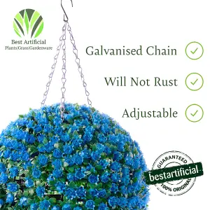 Pair of Best Artificial  28cm Blue Rose Hanging Basket Flower Topiary Ball - Suitable for Outdoor Use - Weather & Fade Resistant