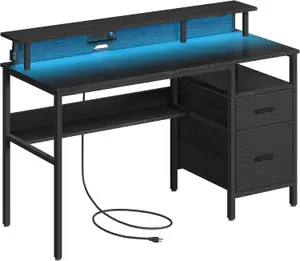 VASAGLE LED Gaming Desk with Built-In Power Outlets, Workstation with Shelf, Drawers, USB Ports, Ebony Black