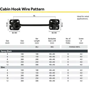 EAI Long Cabin Hook Strong Hold Back Gate or Door Hook Wire Pattern Steel - 100mm - Black