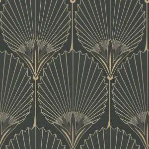 Grandeco Art Deco Nile Palm Textured Wallpaper, Black Gold