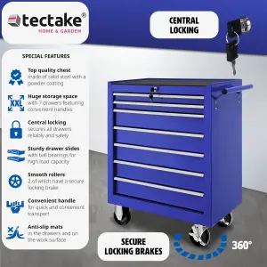 Tool Box - with wheels, 7 drawers, central locking system - blue