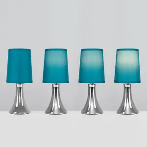 ValueLights Pair of Brushed Chrome Touch Dimmer Bedside Table Lamps with Blue Cylinder Light Shades