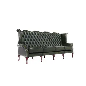 Chesterfield 4 Seater Flat Wing High Back Antique Green Real Leather Sofa In Queen Anne Style