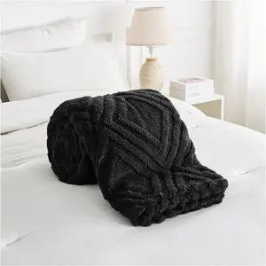 Large Sherpa Fleece Blanket  Fluffy Throw For Sofas, Bed, Armchair Jacquard Pattern King Size Throw Thermal Black